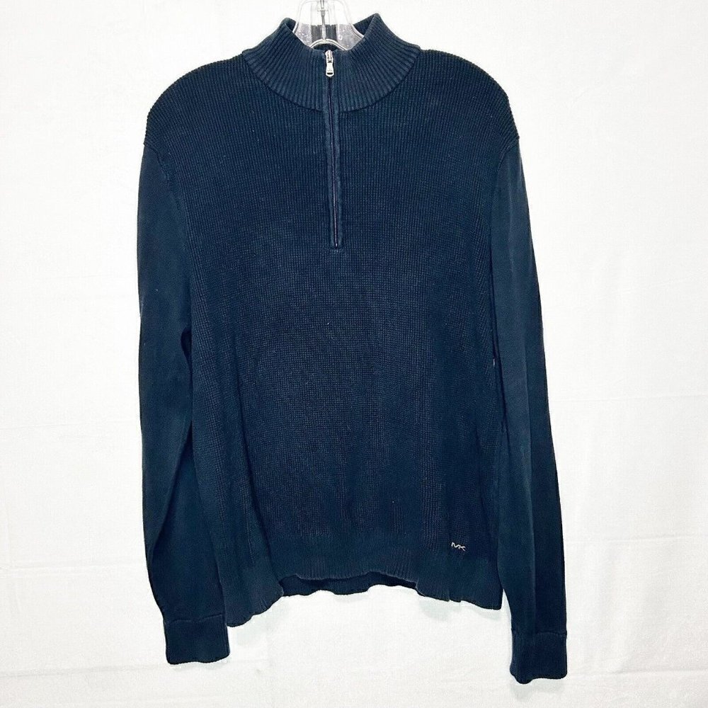 Michael Kors Navy Ribbed Mock Neck Long Sleeve 1/4 Zip Pullover Sweater Sz M